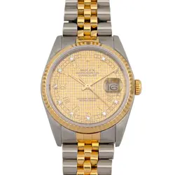 ROLEX 16233 DATEJUST 36 HOUNDSTOOTH DIAMOND DIAL 36MM 1988 BOX & PAPERS