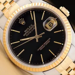ROLEX MENS DATEJUST 16233 MATTE BLACK 18K YELLOW GOLD STEEL 2-TONE JUBILEE WATCH