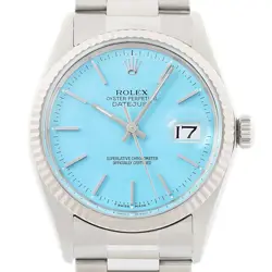 ROLEX MENS DATEJUST 16014 18K WHITE GOLD STEEL AQUA BLUE DIAL OYSTER WATCH
