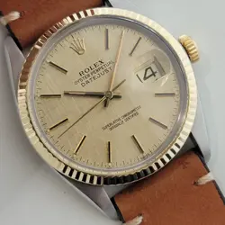 MENS ROLEX OYSTER 16013 DATEJUST 36MM 18K SS LINEN DIAL 1970S AUTOMATIC RA526B