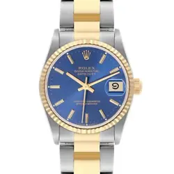 ROLEX DATEJUST MIDSIZE 31 STEEL YELLOW GOLD BLUE DIAL LADIES WATCH 68273