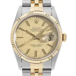 ROLEX DATEJUST 16233 CHAMPAGNE GOLD PRINT COMPUTER BAR W NUMBER SECOND HAND MENS