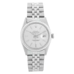 ROLEX 16030 MEN'S STEEL DATEJUST 36MM SILVER DIAL ENGINE-TURNED BEZEL WATCH