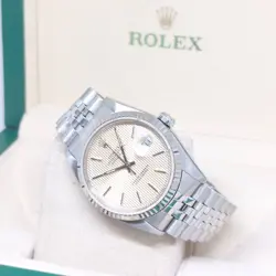 ROLEX 36MM OYSTER PERPETUAL AGED SILVER TAPESTRY STICKS DIAL DATEJUST REF: 16234