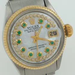 LADY ROLEX 26MM  TWO TONE MOP DIAL DIAMONDS AND EMERALDS OYSTER PERPETUAL
