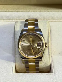 ROLEX DATEJUST 36MM 18K GOLD STAINLESS STEEL OYSTER STRAP GOLD DIAL FLUTED WATCH