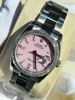 ROLEX DATEJUST 36MM STAINLESS STEEL OYSTER STRAP PINK DIAL DIAMOND BEZEL WATCH