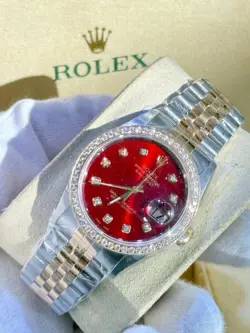 ROLEX 36MM TWO TONE 18K YELLOW GOLD STAINLESS STEEL JUBILEE STRAP RED DIAL WATCH