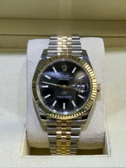 ROLEX 41MM DATEJUST 18K GOLD & STEEL JUBILEE BLACK STICK DIAL FLUTED WATCH 2024