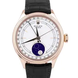 MINT ROLEX CELLINI MOONPHASE WHITE 18K ROSE GOLD LEATHER EVEROSE 39MM 50535 BOX