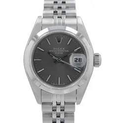ROLEX LADIES DATE OYSTER PERPETUAL GREY INDEX DIAL SMOOTH BEZEL JUBILEE 26MM