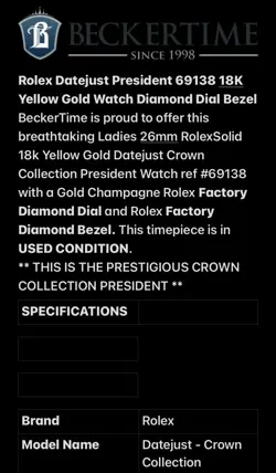 Rolex Lady-Datejust 69138 Gold President Bracelet with Gold and White Bezel