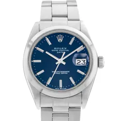 ROLEX OYSTER PERPETUAL DATE 1500 34MM BLUE INDEX STEEL OYSTER MENS WATCH 1971