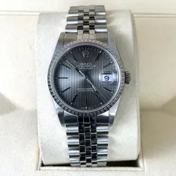 ROLEX DATEJUST 36 BOX PAPERS GREY TAPESTRY DIAL ENGINE TURNED BEZEL JUBILEE