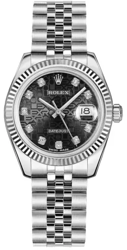 ROLEX DATEJUST 31MM BLACK JUBILEE DIAMOND LADIES WATCH WHITE GOLD BEZEL 178274