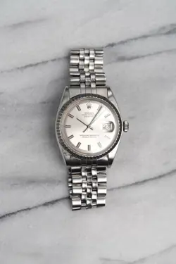 ROLEX REF 1603 1970S AUTOMATIC SILVER WIDEBOY DIAL 36MM CASE