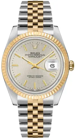 ROLEX DATEJUST 36MM YELLOW GOLD FLUTED SILVER TAPESTRY DIAL JUBILEE GOLD WATCH