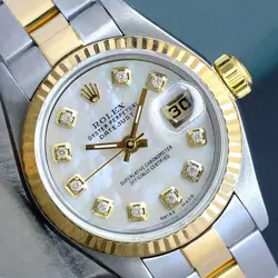 ROLEX LADY DATEJUST WATCH 18KY & SS WHITE MOP DIAMOND DIAL FLUTED OYSTER BAND