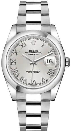 ROLEX DATEJUST 36 SILVER ROMAN DIAL SMOOTH BEZEL STEEL LUXURY WATCH 116200-0062