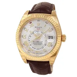 ROLEX SKY-DWELLER 18K YELLOW GOLD BROWN LEATHER AUTO SILVER MEN'S WATCH 326138