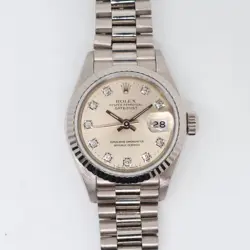 1990 VINTAGE ROLEX DATEJUST 26MM 18K WHITE GOLD SILVER DIAMOND DIAL WATCH