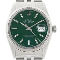 ROLEX MENS DATEJUST 16014 GREEN DIAL 18K WHITE GOLD STEEL JUBILEE BAND WATCH