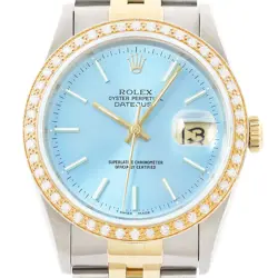 ROLEX MENS DATEJUST 16233 ICE BLUE DIAL 18K YELLOW GOLD & STEEL DIAMOND WATCH