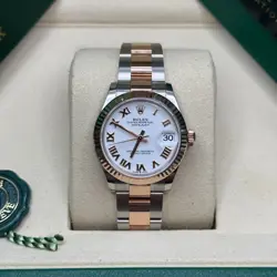 ROLEX DATEJUST 31 NEW 2025 WHITE ROMAN DIAL TWO TONE ROSE GOLD FLUTED OYSTER