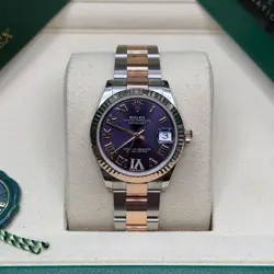 ROLEX DATEJUST 31 NEW 2025 AUBERGINE PURPLE ROMAN PAVE 6 DIAL TWO TONE ROSE GOLD