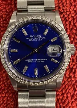 ROLEX DATEJUST 36MM 16200 STAINLESS BAGUETTE DIAMOND BLUE DIAL - IMMACULATE