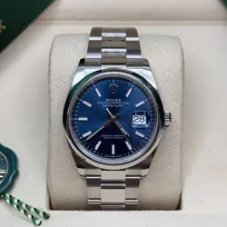 ROLEX DATEJUST 36 NEW 2025 BLUE INDEX DIAL STAINLESS STEEL SMOOTH BEZEL OYSTER