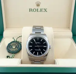 34MM ROLEX OYSTER PERPETUAL REF. 114200 BLACK DIAL AUTOMATIC W/ BOX & PAPERS