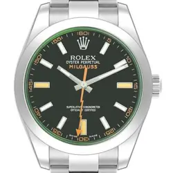 ROLEX MILGAUSS BLACK DIAL GREEN CRYSTAL STEEL MENS WATCH 116400 BOX CARD