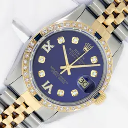 ROLEX MENS DATEJUST 36 BLUE DIAMOND DIAL STEEL - YELLOW GOLD DIAMOND BEZEL WATCH
