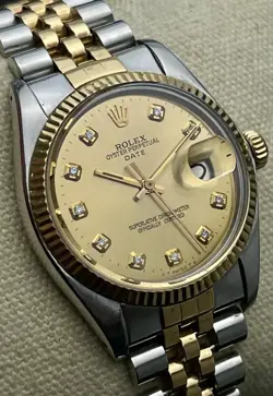 1979 ROLEX OYSTER PERPETUAL DATE 1500 MEN’S 35MM WATCH 18K STEEL DIAMOND DIAL