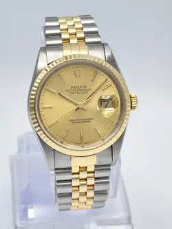 ROLEX DATEJUST 36MM 16233 CHAMPAGNE DIAL FLUTED 18CT GOLD JUBILEE BRACELET BOX