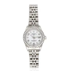 ROLEX DATE 69150 STAINLESS A SERIAL AFTERMARKET DIAMOND BEZEL W BOX PAPERS