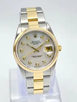 ROLEX DATEJUST 34MM 15203 PEARL MOP DIAMOND DIAL 18CT TWO TONE GOLD BOX & PAPERS