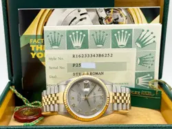 ROLEX DATEJUST 16233 36MM SILVER ROMAN DIAL STEEL 18K YELLOW GOLD BOX PAPER 2001