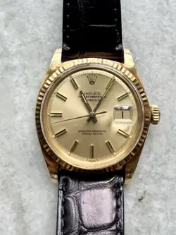 ROLEX DATEJUST 1601 18KT SOLID GOLD WATCH CROCODILE STRAP CHAMPAGNE STICK DIAL