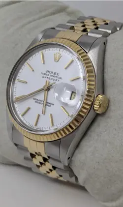 ROLEX MEN’S 16013 TWO TONE DATEJUST 36MM WHITE DIAL WATCH WITH PAPERS.