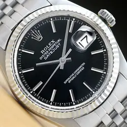 ROLEX MENS DATEJUST BLACK DIAL 18K WHITE GOLD BEZEL & STAINLESS STEEL WATCH