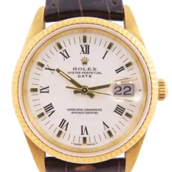 ROLEX OYSTER PERPETUAL DATE 34MM 15238 AUTOMATIC WATCH LEATHER BELT 18K YG