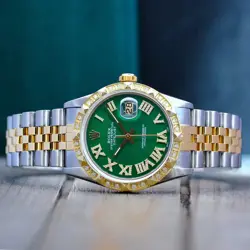 ROLEX DATEJUST MENS WATCH 18KY & STEEL GREEN DIAMOND ROMAN DIAL PYRAMID BEZEL