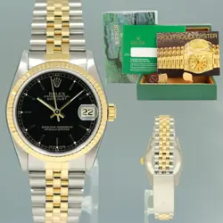 MINT LADIES ROLEX 68273 TWO TONE 18K GOLD STEEL 31MM BLACK DIAL WATCH