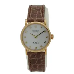 ROLEX CELLINI 26MM WATCH 6110 GOLD K NO. K18YGX MOTHER OF PEARL LEATHER BELT WOM