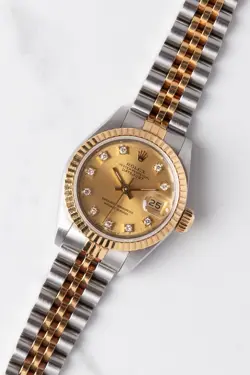 1987 ROLEX LADIES DATEJUST 69173 CHAMPAGNE DIAMOND DIAL BOX AND PAPERS 26MM