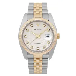 ROLEX DATEJUST 18K YELLOW GOLD STEEL DIAMOND SILVER JUBILEE DIAL WATCH 116233