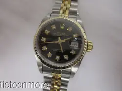 VINTAGE ROLEX LADY DATEJUST WATCH 69000A BLACK DIAL DIAMOND NUMERALS NO RESERVE!
