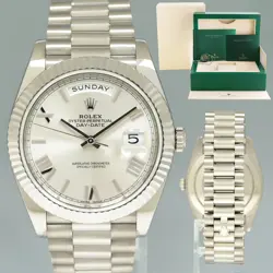 MINT ROLEX DAY-DATE 40 WHITE GOLD 40MM PRESIDENT SILVER ROMAN MOTIF 228239 WATCH